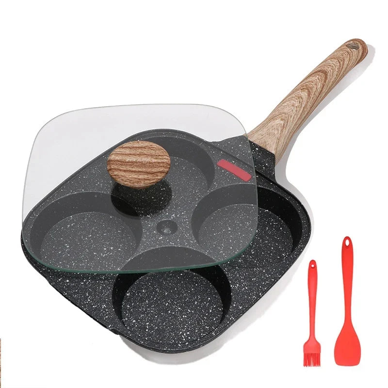 Four-Hole Egg Pancake Frying Pan - black with cover