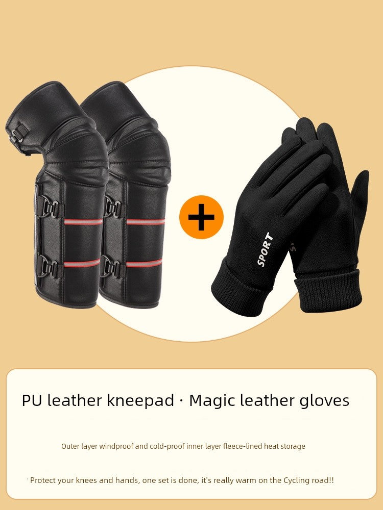 Nanjiren Winter Heattech PU Leather Kneepad - Mid Length Long Length PU + black suede gloves