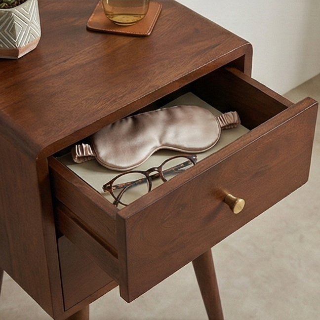 Scandinavian Walnut Logan Narrow Bedside Table - Image 5