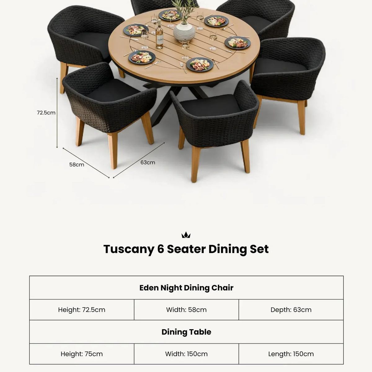 Tuscany 6 Seater Round Dining Set with Eden Night Dining Chairs - Image 8