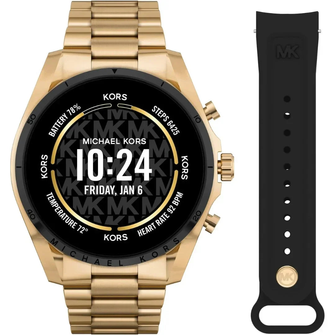 Michael Kors Gen 6 Bradshaw – 44mm Gold-Tone Stainless Steel with Black Silicone Second Band – MKT5138V