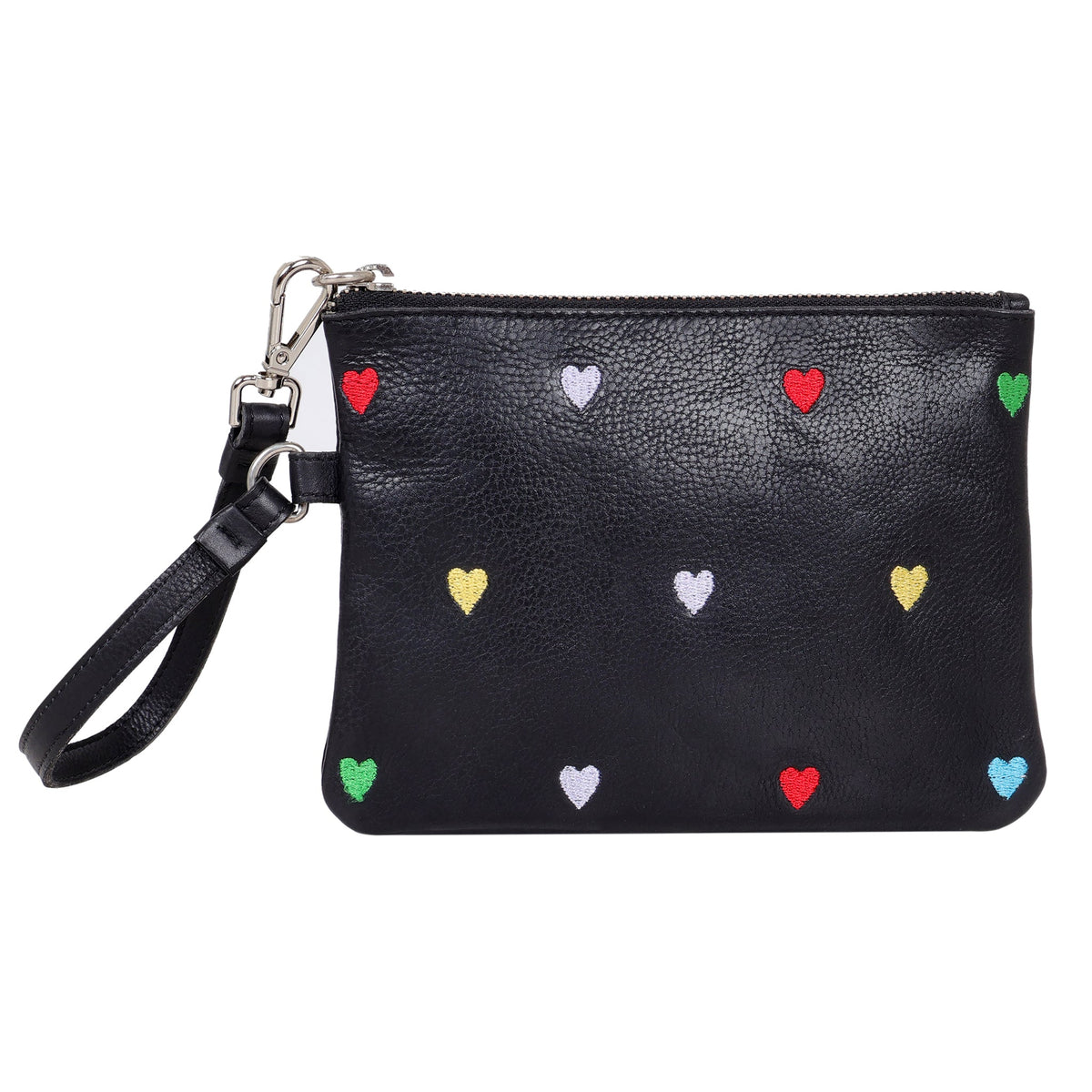 Heart Leather Zip Pouch - Black