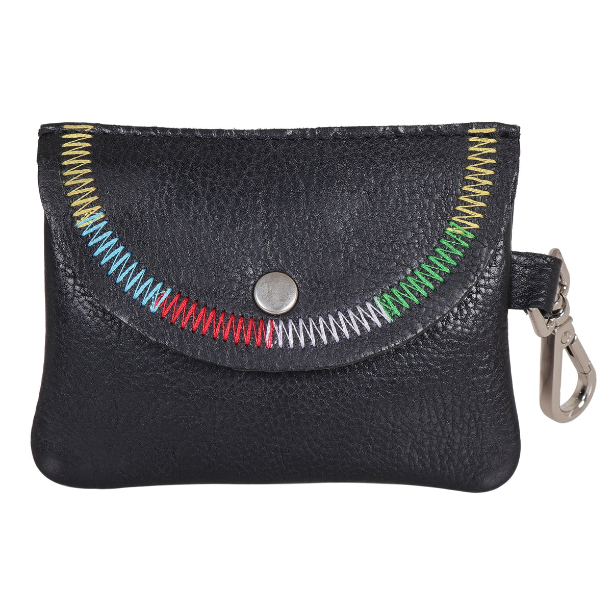 Stitch Detail Leather Mini Snap Pouch - Black