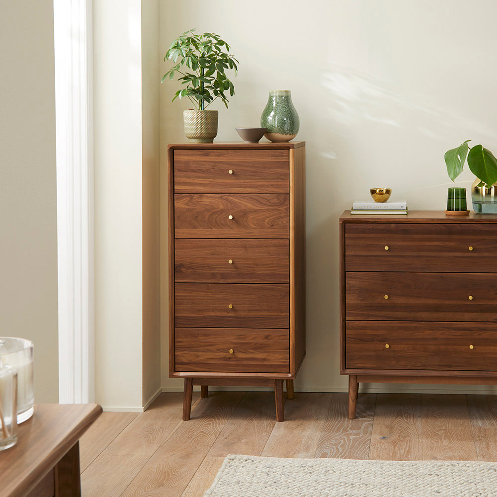 Wright Walnut Tallboy Chest of 5 Drawers - Image 8