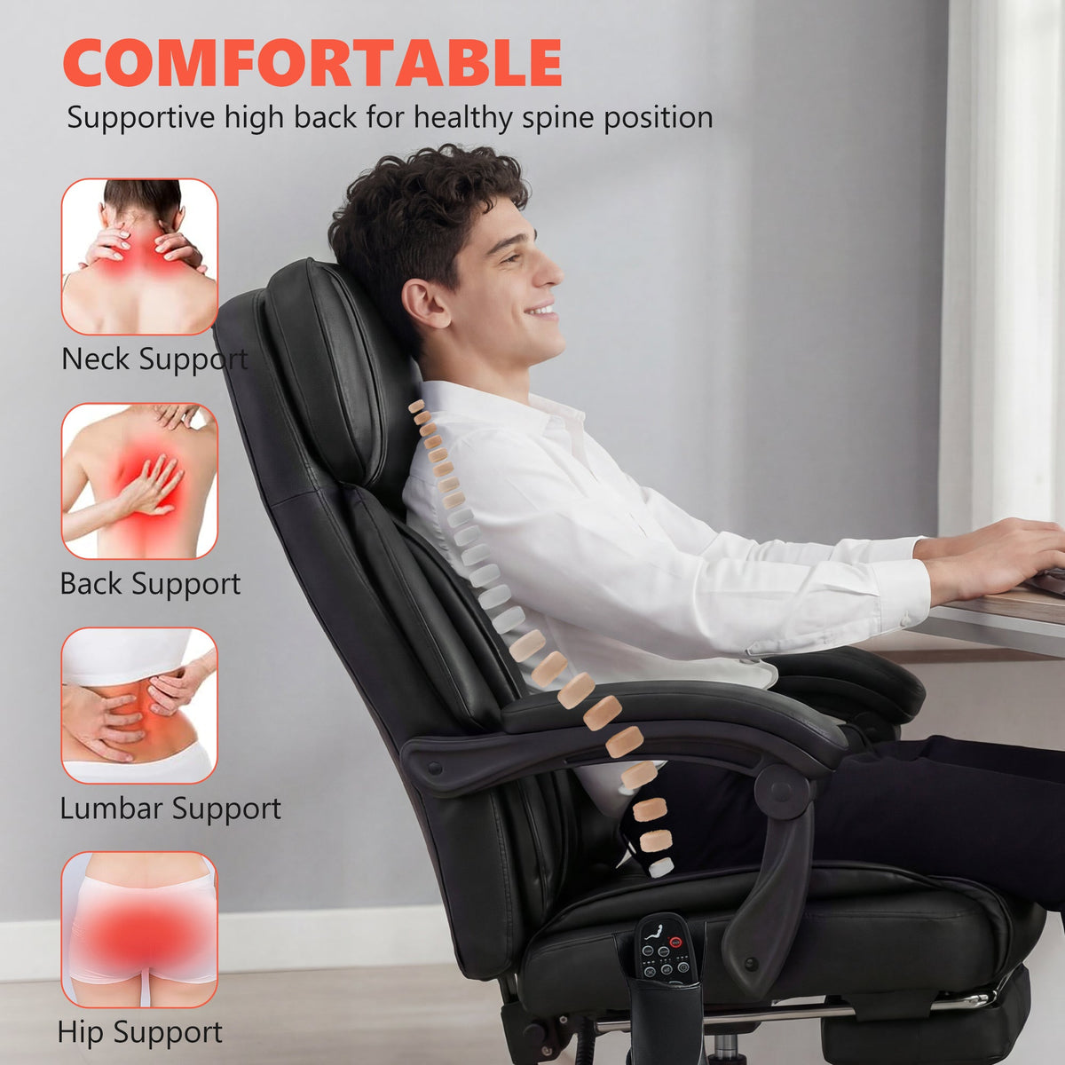 High Back Vibration Massage Office Chair with Heat, Reclining Back & Footrest - Image 6