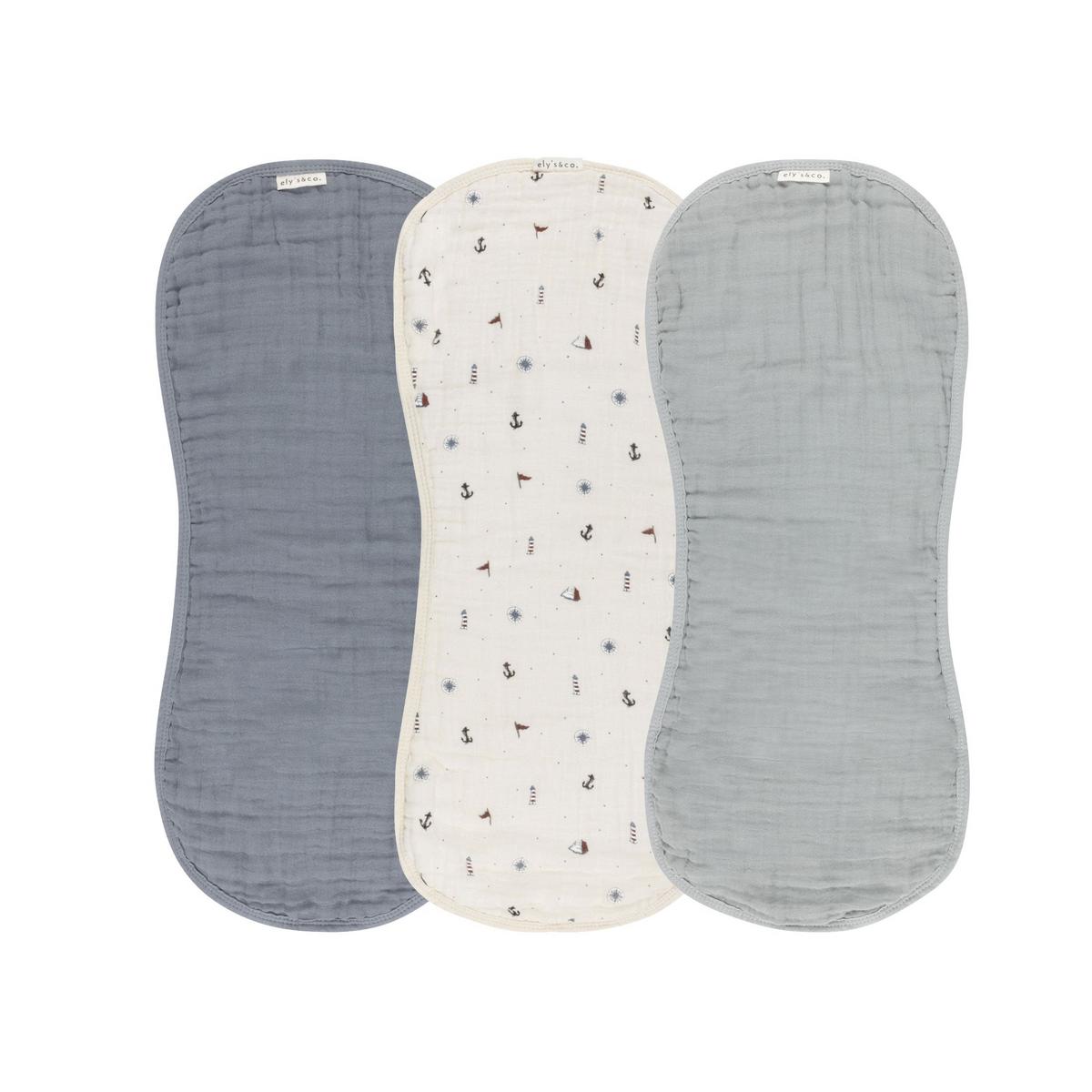 Ely's & Co. 3 Pack Muslin Burp Cloths - Blue Nautical - Image 2