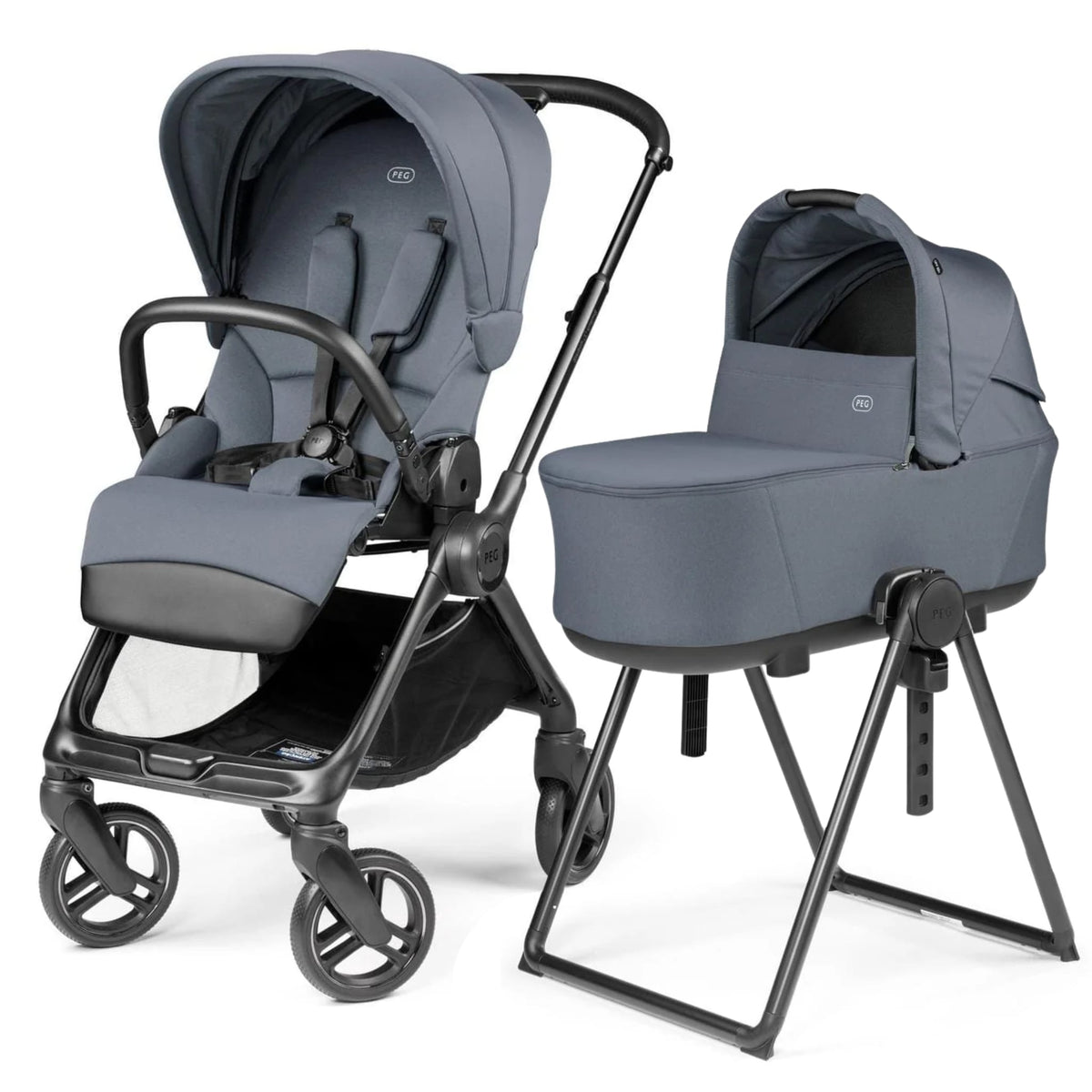 PEG Switch Reversible Handle Stroller + Culla Flex Bassinet With Stand - Nordic Blue